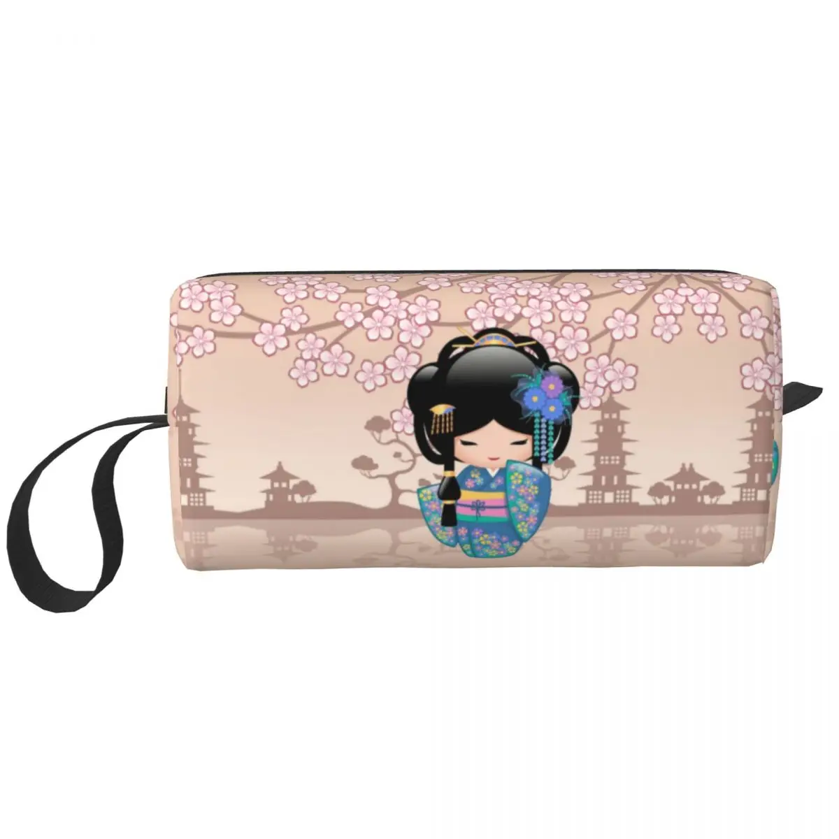 Travel Japanese Keiko Kokeshi Doll Toiletry Bag Kawaii Flower Cherry Blossom Makeup Cosmetic Women Beauty Storage Dopp Kit Box