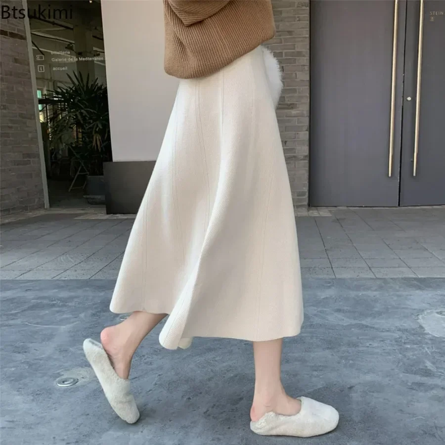 New2026 Women's Knitted High Waist Skirt Dress Autumn Winter Ladies Elegant Party Midi Skirt  A Line Thicken Warm Skirts Female