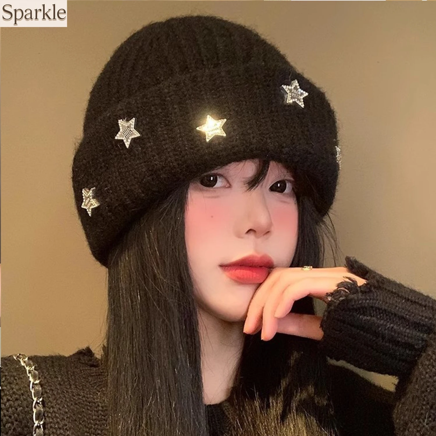 

Black Knit Beanie With Star Decor,Sparkly Rhinestone Winter Hat, Soft Warm Women's Headwear,Stylish Fashion Cold Weather Cap