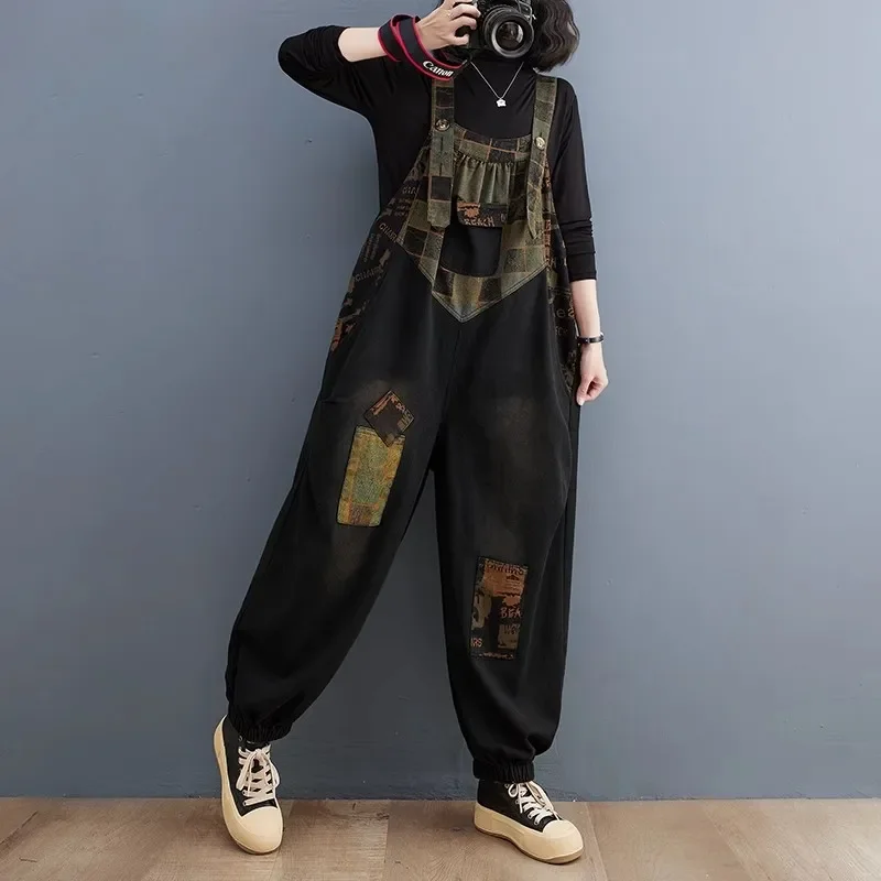 2024 Korean Summer New Design Jumpsuit Women Print Denim Overalls Ladies Vintage Oversized Jeans Girl Punk Style Femme Trousers