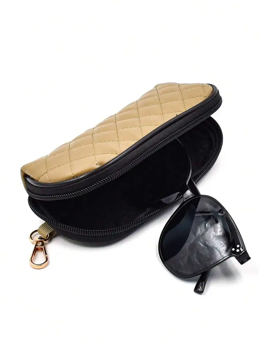1PC Eyeglasses Soft Case, Zippered Neoprene Pu Leather Glasses Pouch With Clip For Men & Women Skin Tone Rhombus