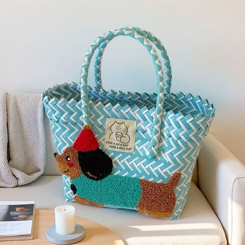 Cute Dachshund Woven Tote Bag, Lightweight Striped Basket Bag with Embroidered Dog for Beach, Picnic Daily Shopping Outings Use