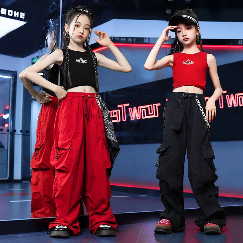 Tenue de danse Hip Hop pour enfants, olympiques de jazz Hip Hop pour filles, haut de nombril de route serré, pantalon de performance rouge, scène