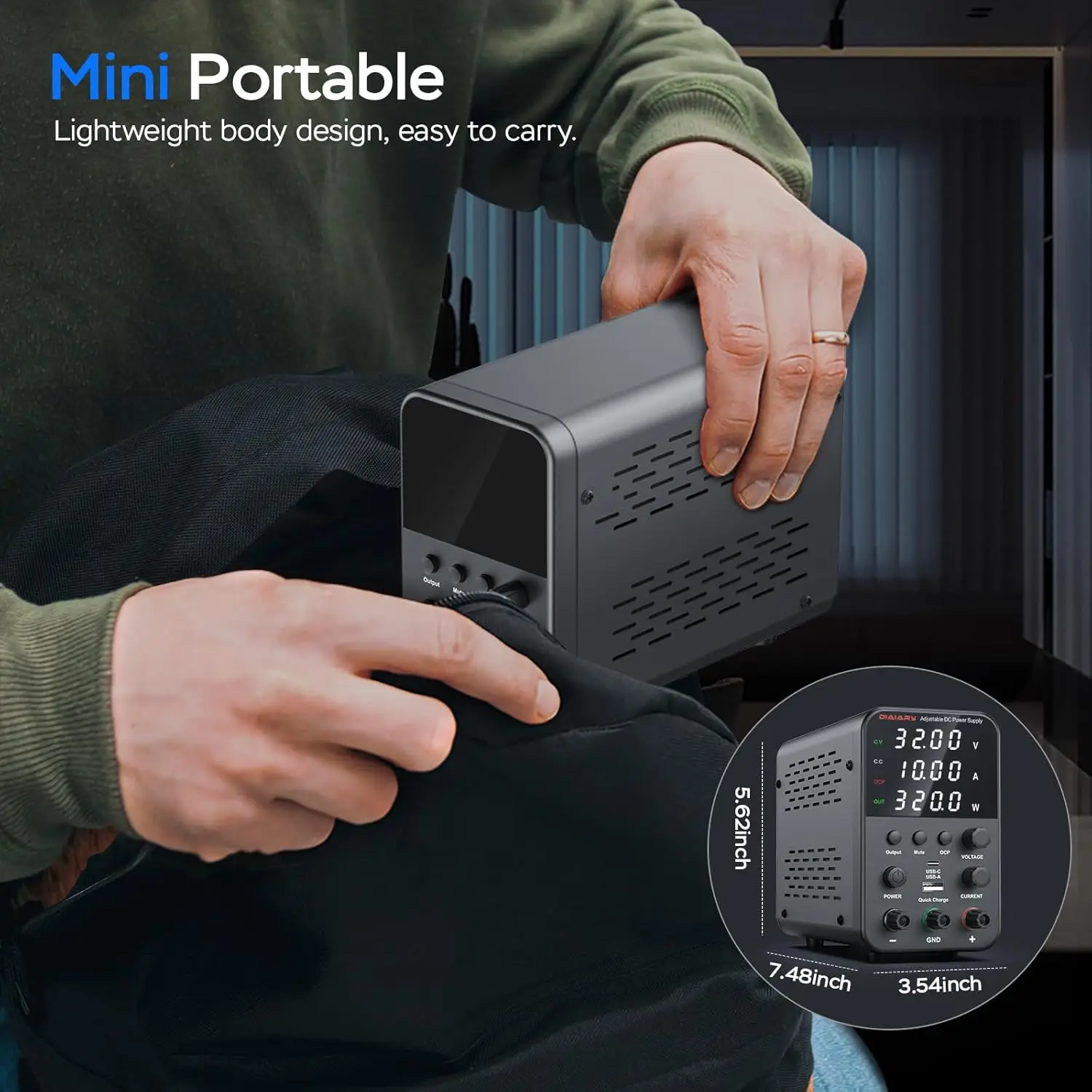 32V 10A Adjustable DC Power Supply, Switching Regulated with USB Charging & Precision Encoder