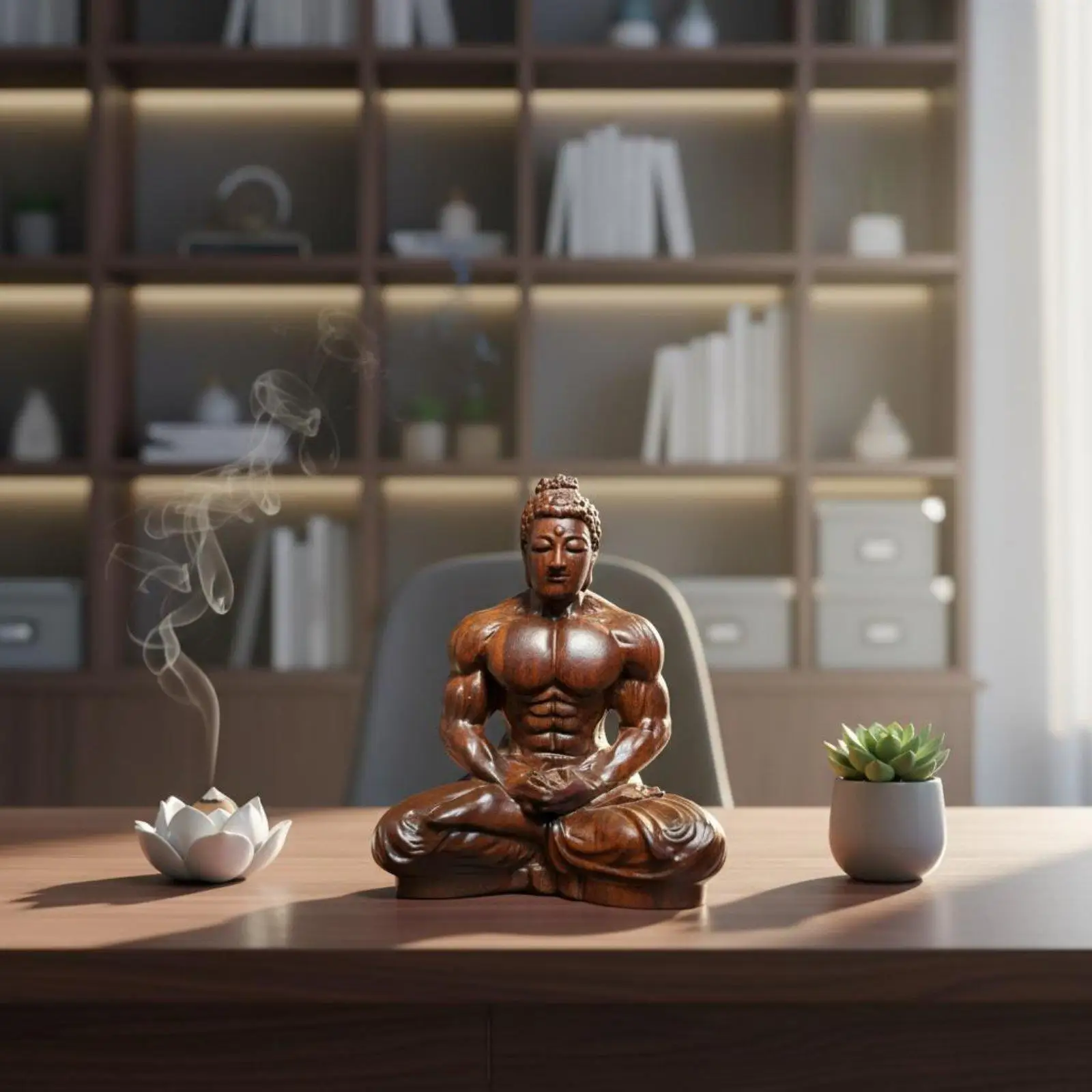 Seated Muscle Buddha Figurine Creative Gift Wooden Bodybuilder Buddha Novelty Design House Decoration for Desktop, Car Dashboard