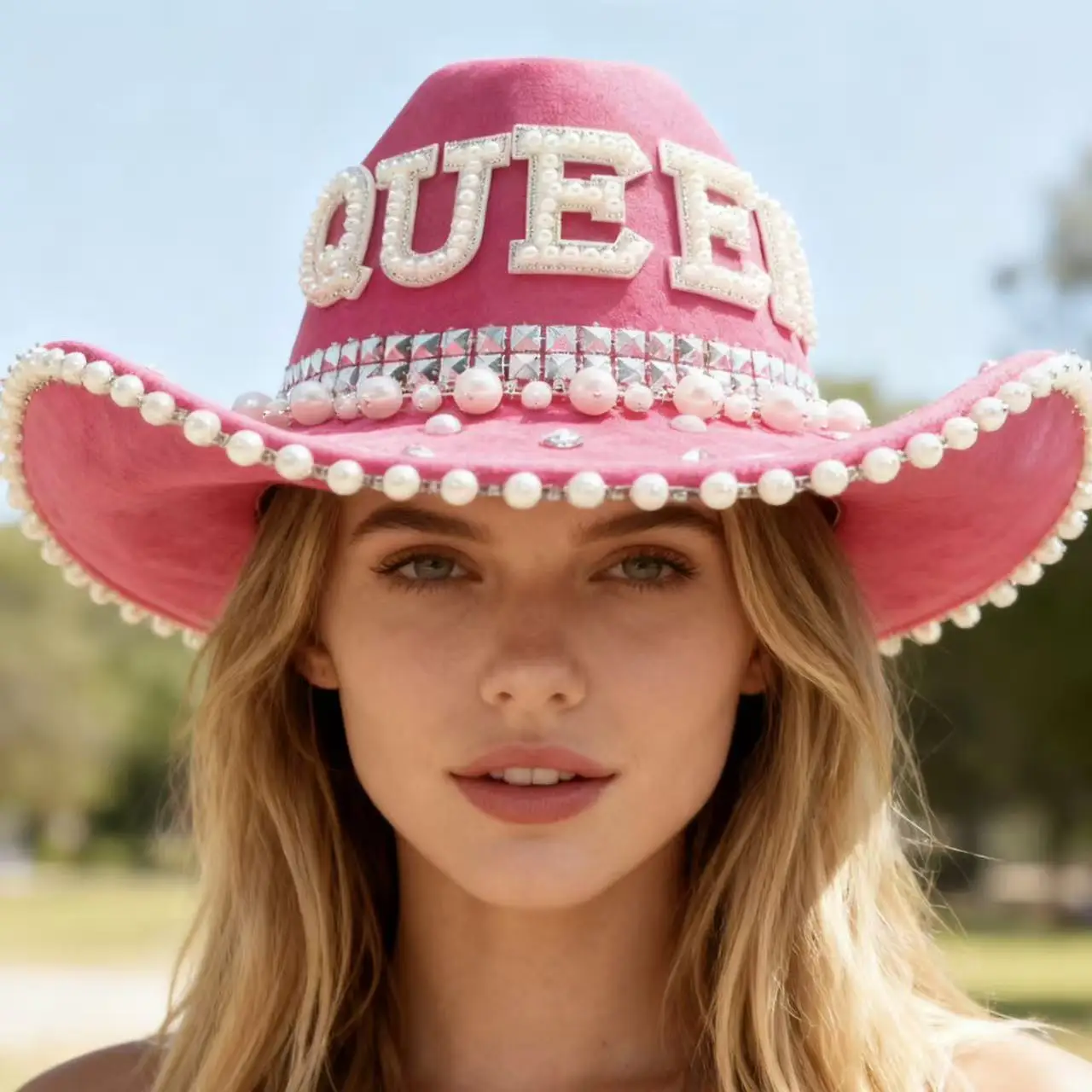 ホンルアン-ウェスタン-クイーン-ピンク-ディスコ-カウボーイハット-ラインストーン付き-女性用-カウボーイアクセサリー＆カントリー-カウガールハット-大人女性用