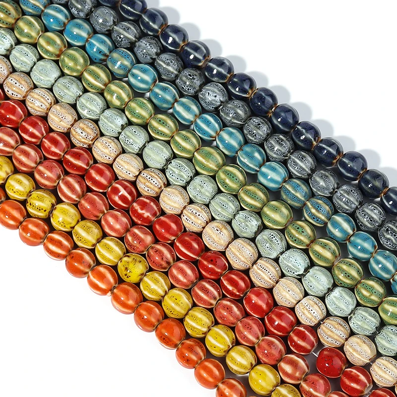 1 String 11.5mm Ceramic Round Beads Colorful Pumpkin Shaped Stripes Loose Beads For DIY Handmade Bracelet Necklace Accessories