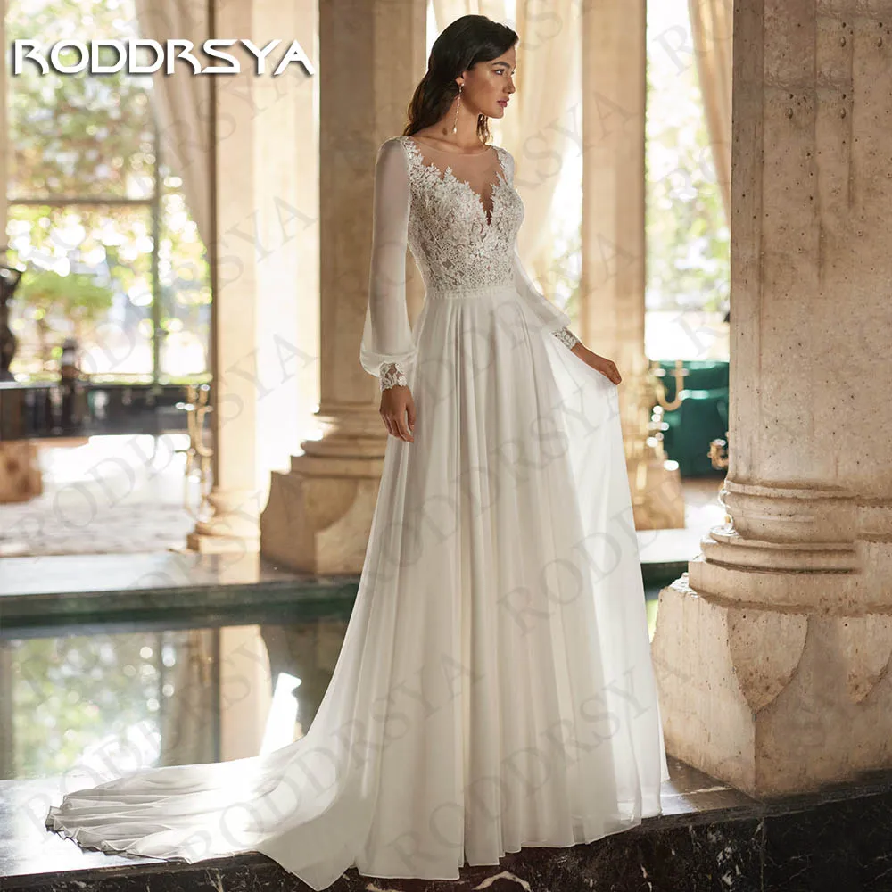 

RODDRSYA Long Sleeves Boho Wedding Dresses Lace Charming Beach A Line Chiffon Bridal Dress Woman vestido de noiva Customized