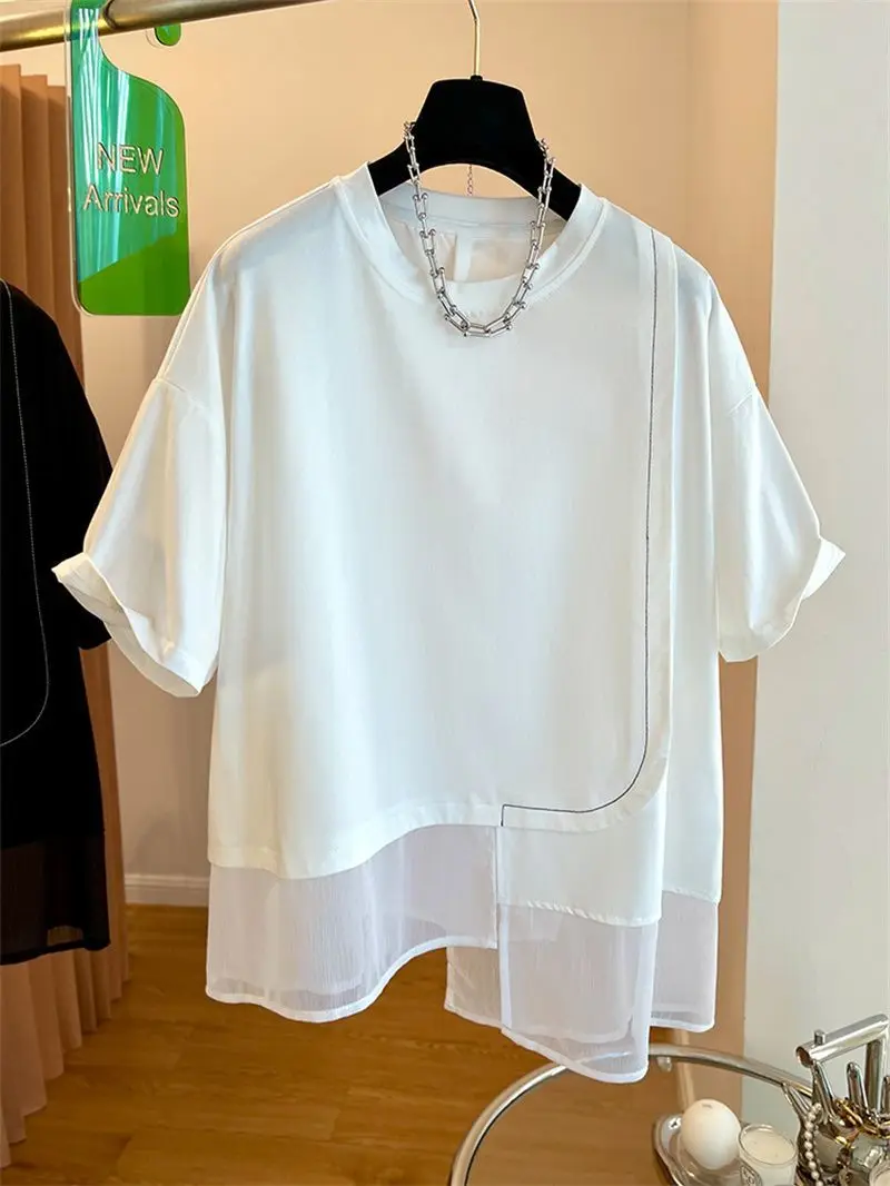 Oversized T Shirt Black Chiffon Patchwork Short Sleeved Top Irregular T-shirts Graphic Ropa Mujer Tees White Korean 2024 New