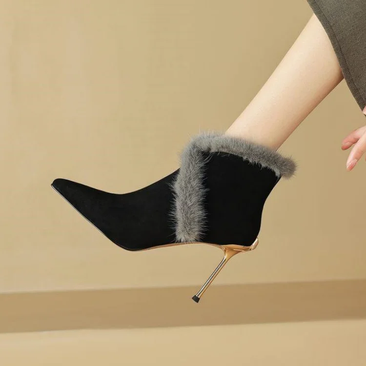 Luxury Black Leather Women Ankle Boots Sexy Pointed Toe Iron Thin High Heels Prom Pumps Mink Fur Winter Short Botines Zapatillas