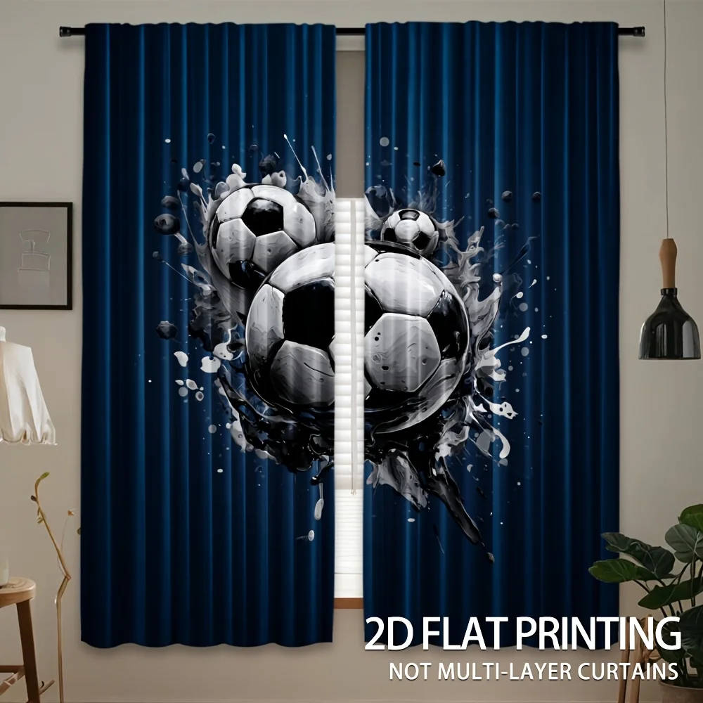 Splash Ink Soccer Ball Blackout Rod Pocket Curtain Dark Blue Background Sport Decor Teen Homestay Bedroom Rest Bay Window