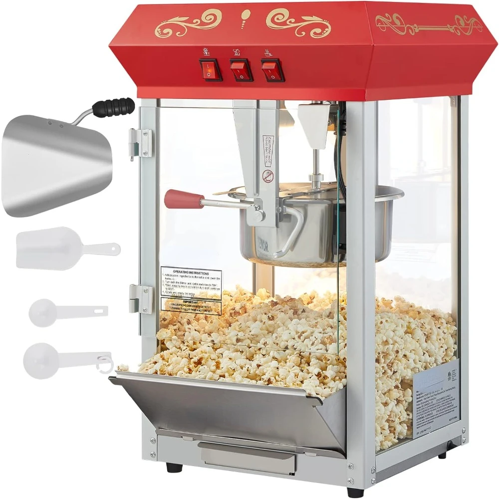 Popcorn Machine, 8 Oz Kettle for 48 Cups per Batch, 3-Switch Control Steel Frame Tempered Glass Doors 2 Scoops 2 Spoons, Red