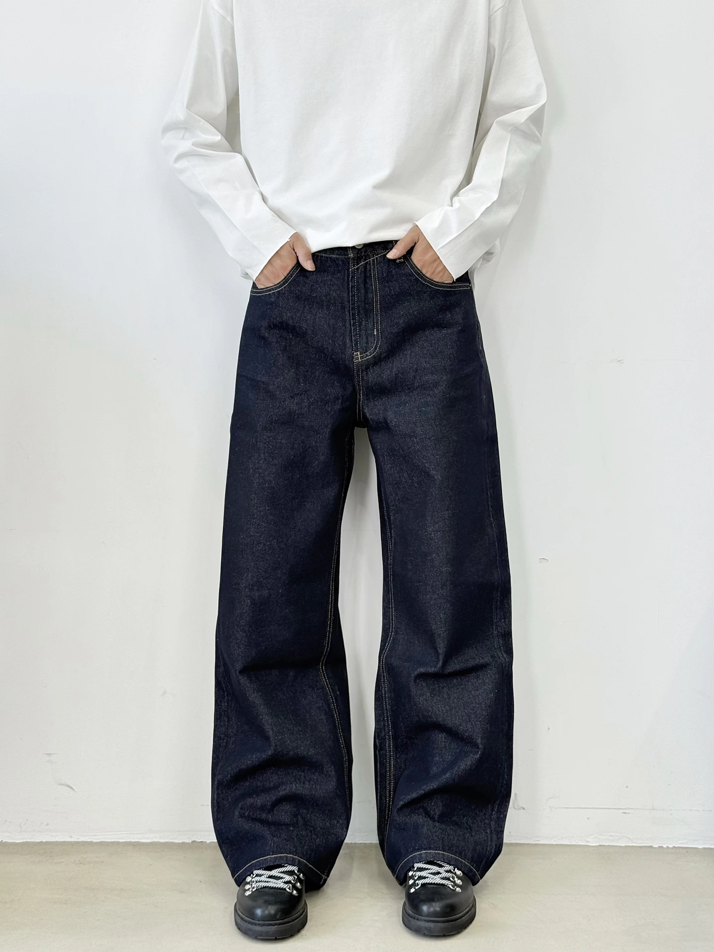 

BurnBro American Retro Original Color Denim Blue Wide Leg A-Line Jeans Loose Long Trousers ex CleanFit Casual Cotton Poly...