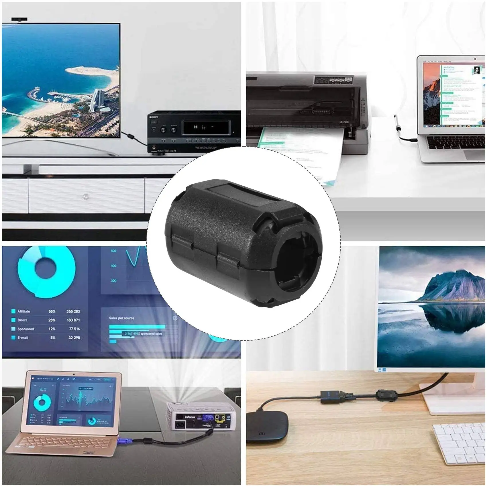 A92Z 20 Pieces Clip-On Ferrite Ring Core RFI EMI Noise Suppressor Cable Clip For 3Mm/ 5Mm/ 7Mm/ 9Mm/ 13Mm Diameter Cable, Black