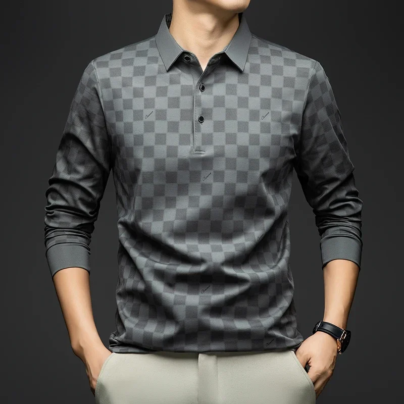 

Рубашки-поло BROWON для мужчин, осенняя деловая облегающая футболка с длинным рукавом, мужская футболка 2025 года, новый повседневный свободный пуловер в клетку, мужские топы и футболки