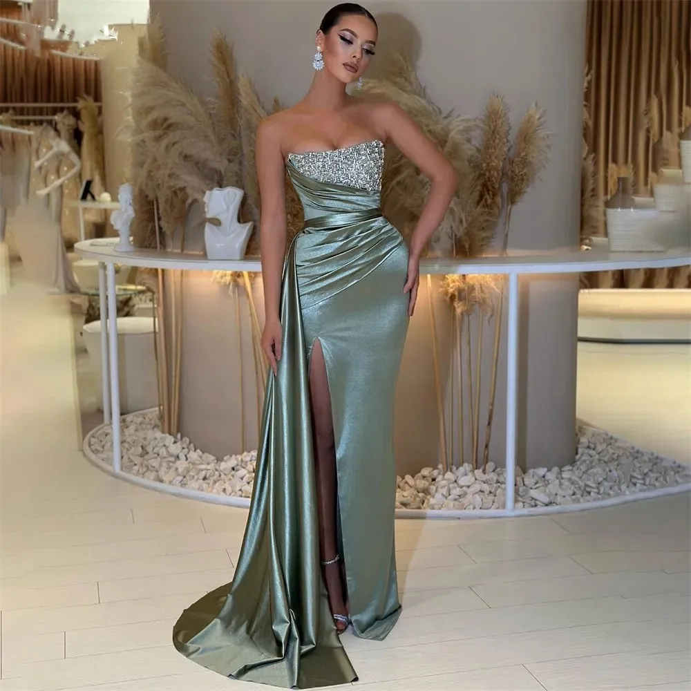 Luxury Satin Glitter Mermaid Evening Dresses Off Shoulder Pleats Side Slit Prom Dresses Backless Party Gowns For Women 2023