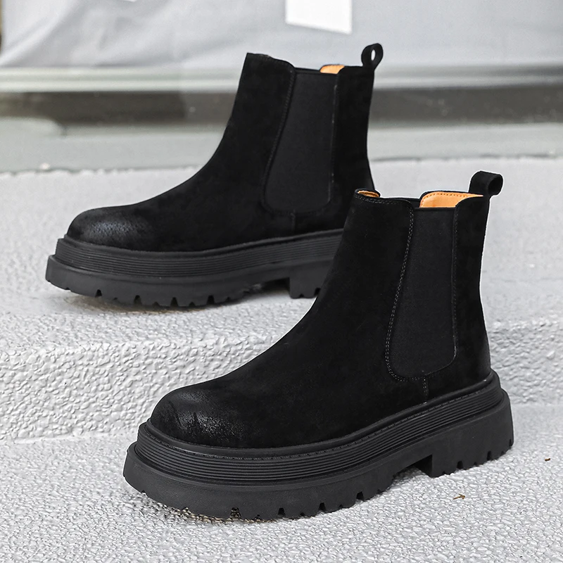 large size men casual party nightclub high chelsea boots slip-on cow suede leather shoes cowboy platform boot autumn winter bota