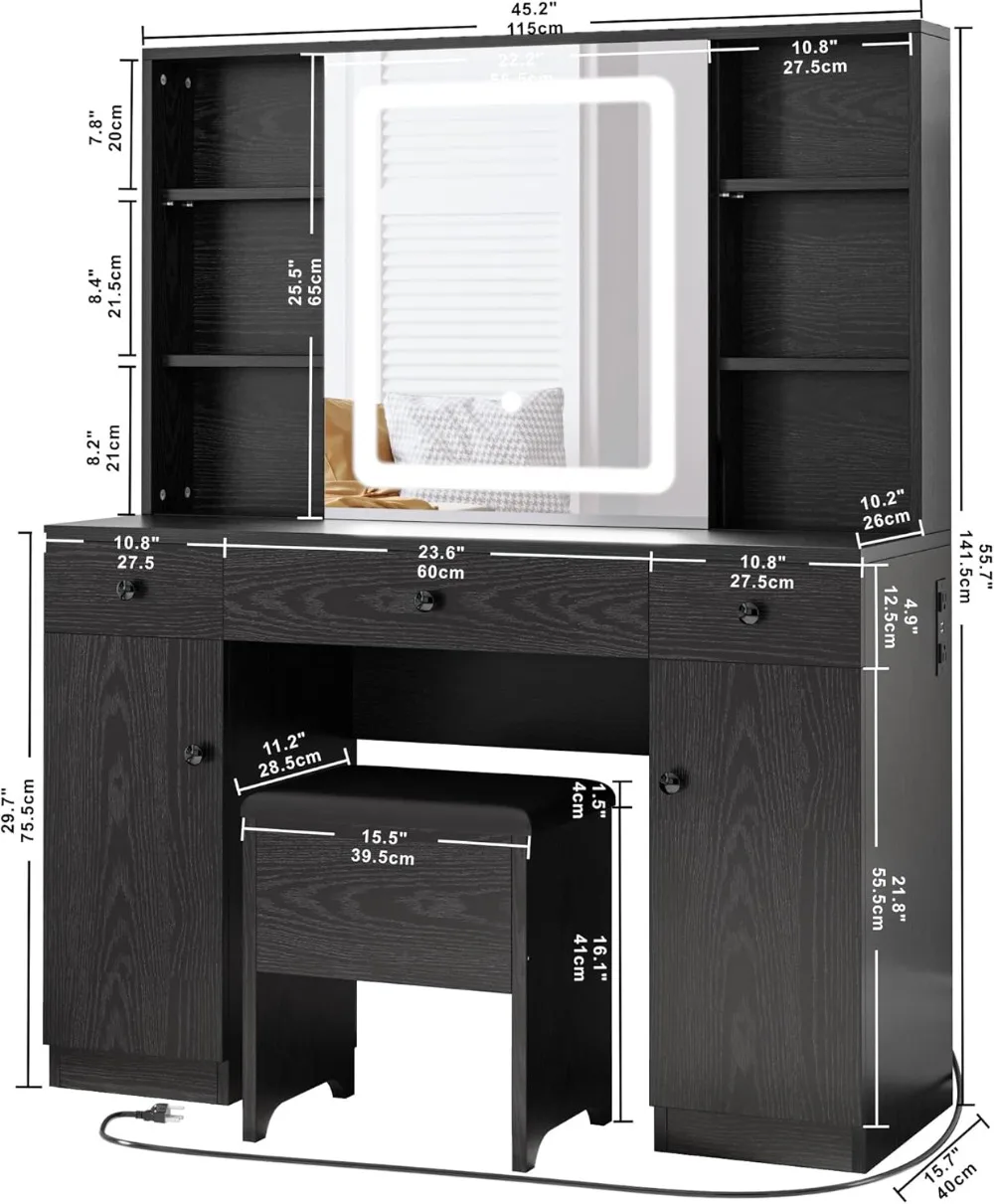 IRONCK Vanity Desk Set with Large LED Lighted Mirror & Power Outlet, 7 Drawers Vanities Dressing Makeup Table with Storage Bench