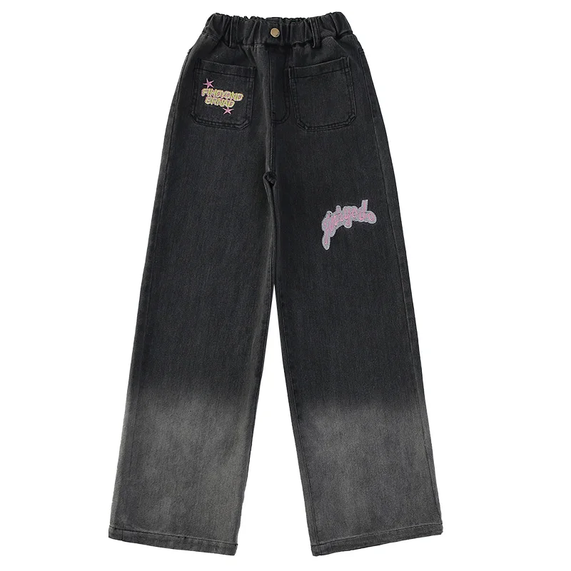 Koreaanse kinderen grijze gradiënt jeans in zwart voor meisjes rechte slim fit denim broek tieners kind casual jeans broek met letters