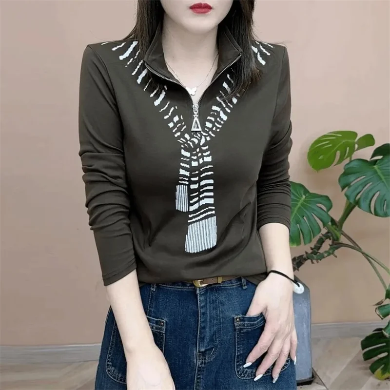 Early Autumn New Korean Solid Color Half Zipper Bottom Shirt Women's Spring Autumn Fashion Casual Aging Long Sleeve Top T-shirt