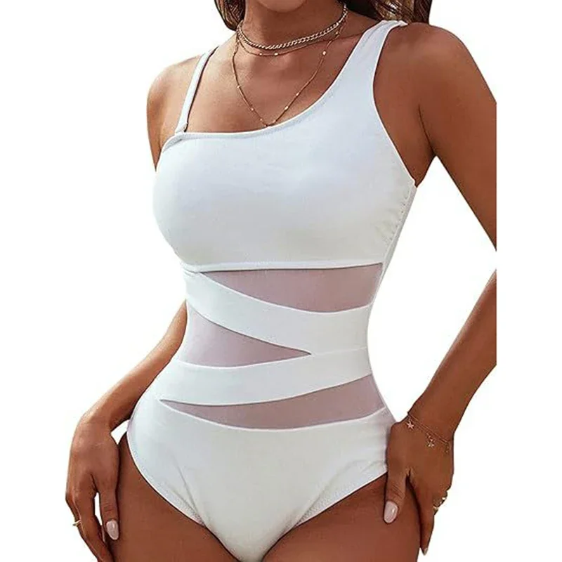 Traje de baño ajustado Sexy para mujer, traje de baño de una pieza de malla transparente con tirantes irregulares, ropa de playa sencilla, monos