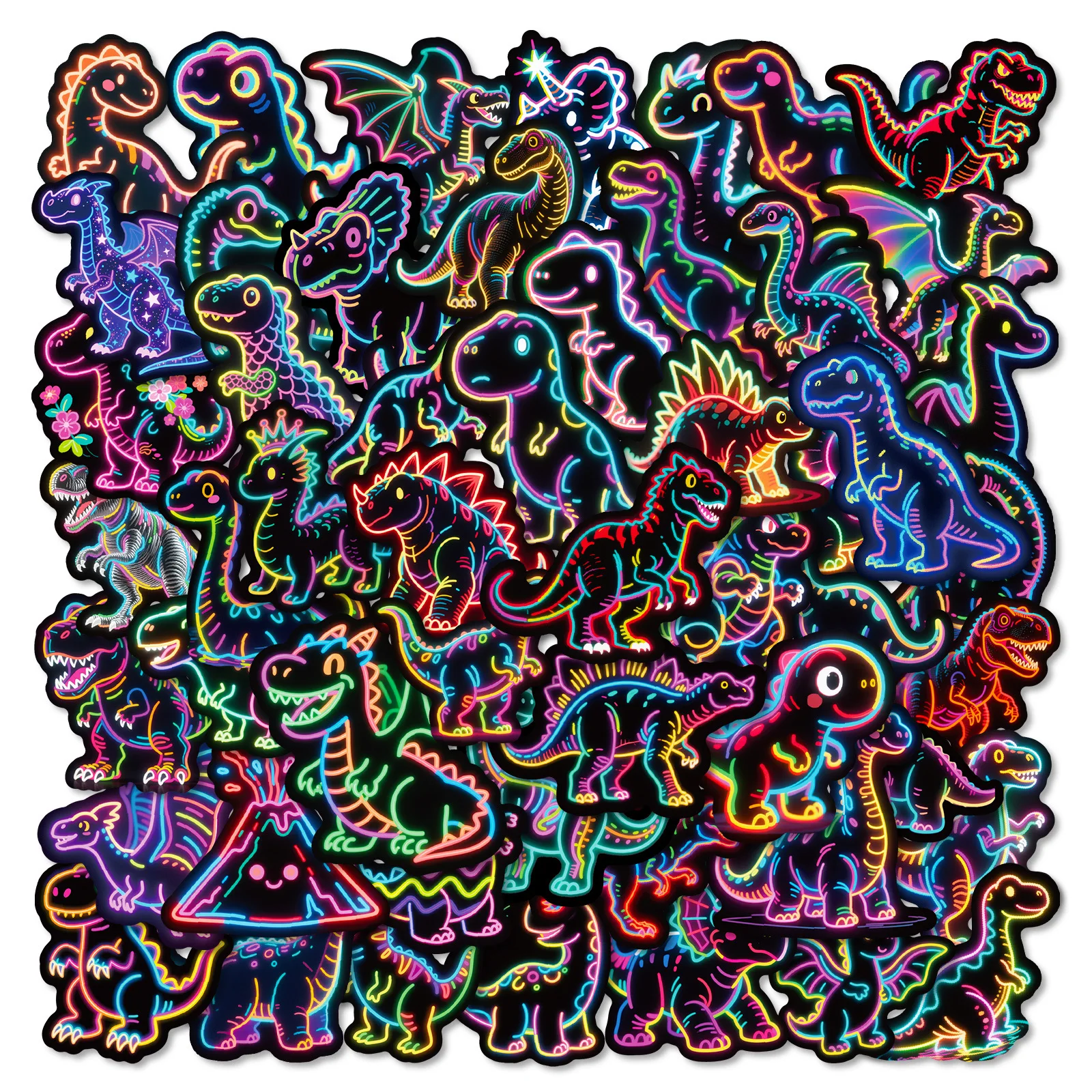 56 PCS Neon Cartoon Dinosaur Stickers, Colorful Glowing Neon‑Light Personalized Waterproof Decor for Notebook Luggage