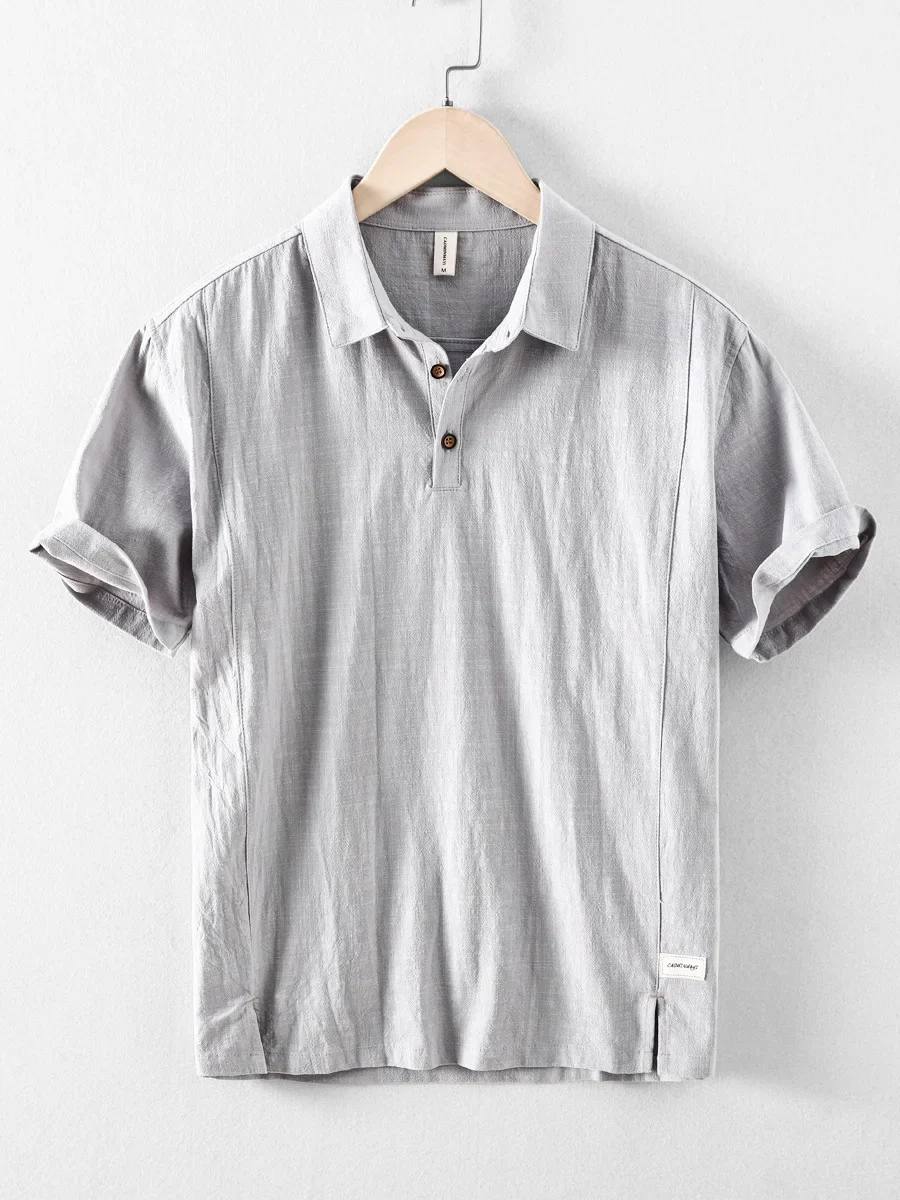 Summer Chinese Style Solid Color Lapel Thin Shirts For Men Breathable Cotton Linen Short Sleeve Pullovers Male All-Match T-Shirt