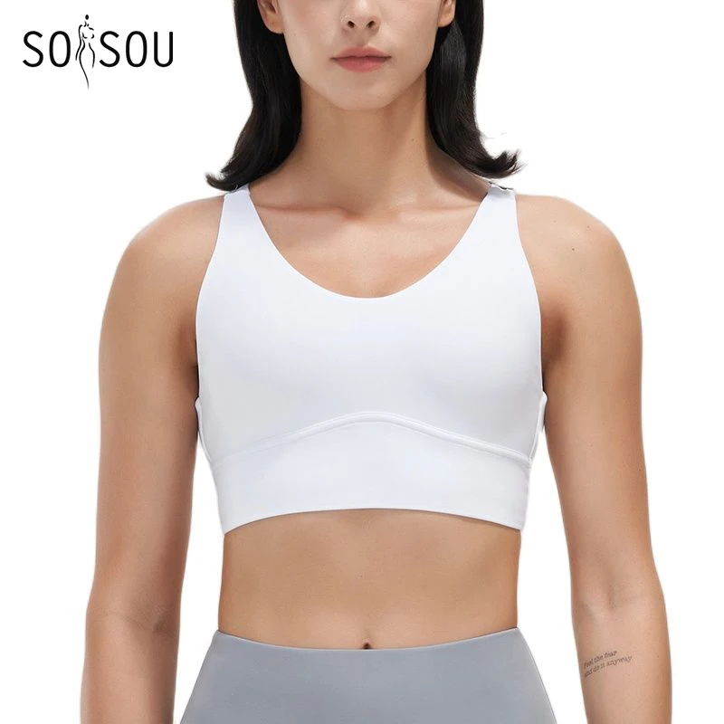 SOISOU Lycra Fitness Bra Yoga Top Women Sports Bra Gym Elastic Back Cross Breathable Bras For Women Chest Pad Removable Vest