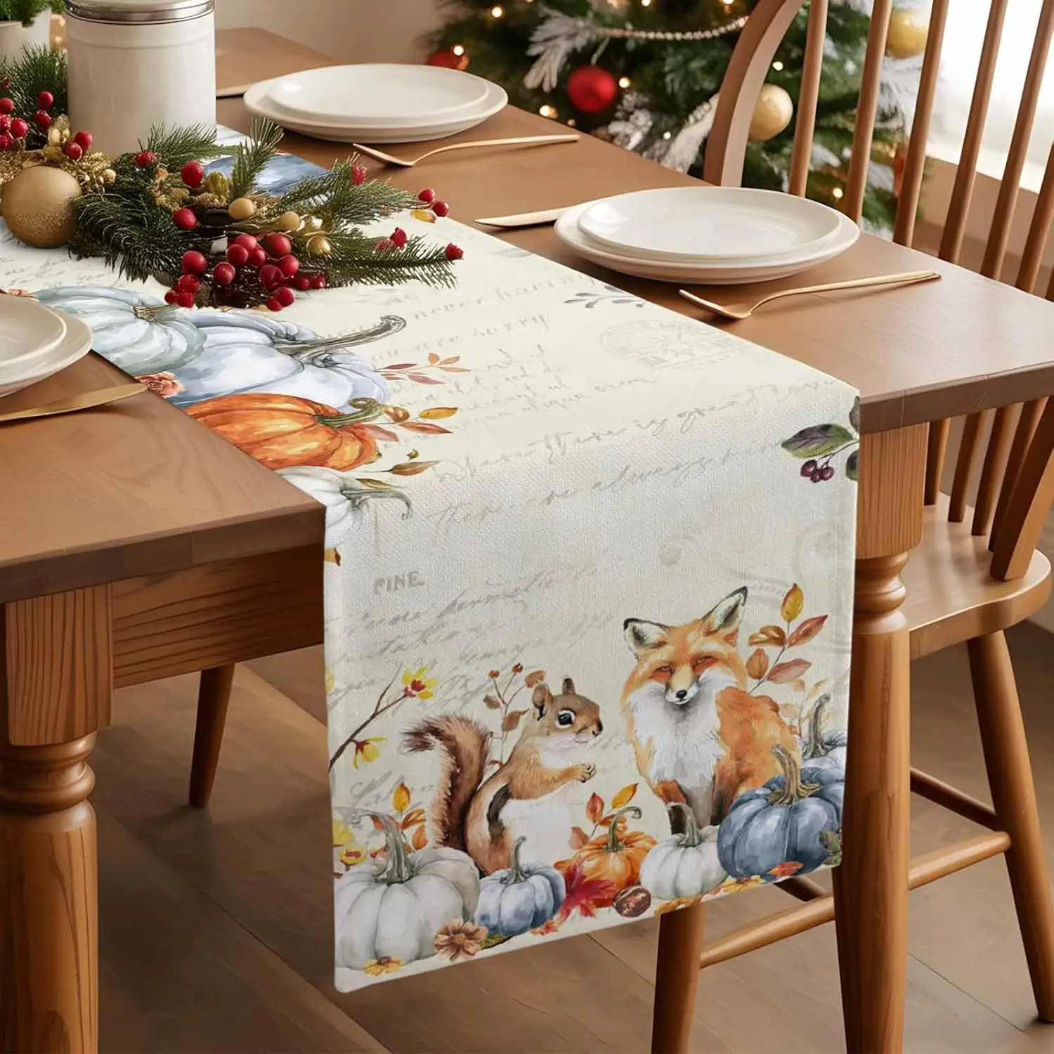 Fall Squirrel Fox Pumpkin Leaves Linen Table Runner Party Decor Reusable Kitchen Dining Table Runner Autumn Thanksgiving Decor