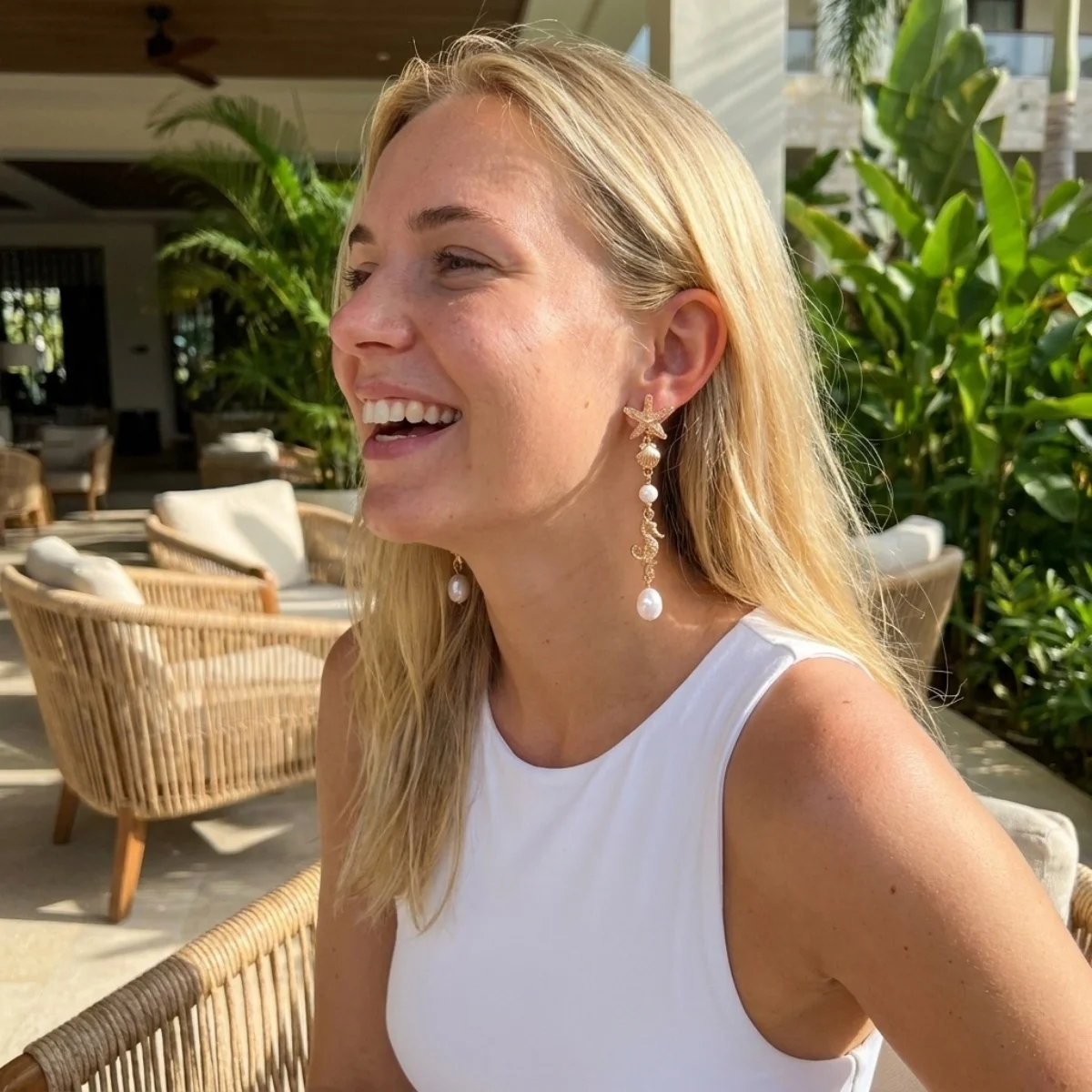 Ozean-Urlaub Seestern Muschel Seepferdchen Imitationsperlen Tropfenohrringe für Damen und Herren Böhmische Muschelohrringe Sommer Strand Schmuck – Detail 14
