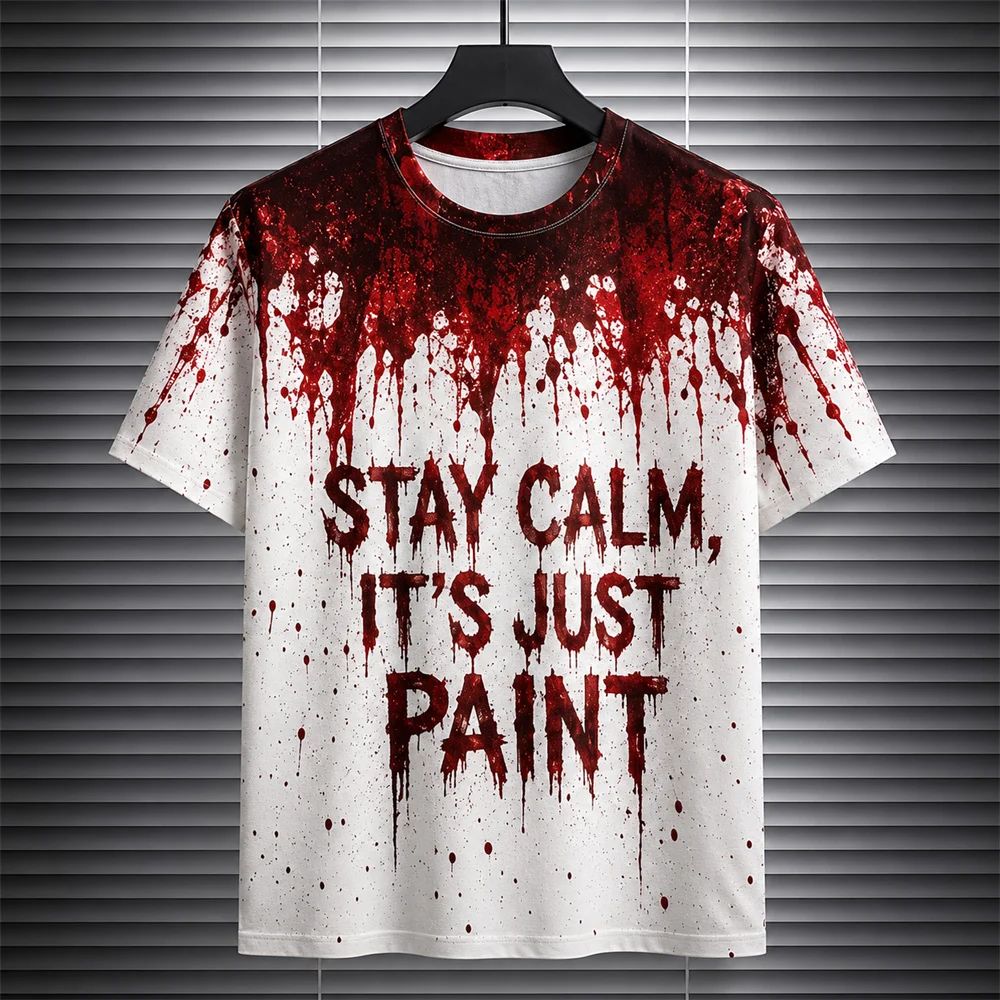 3D Print Halloween Horror Bloodstain Patterns T-shirt For Men Women Fun Holiday Slogans Text Red And White Short Sleeve Tee Top