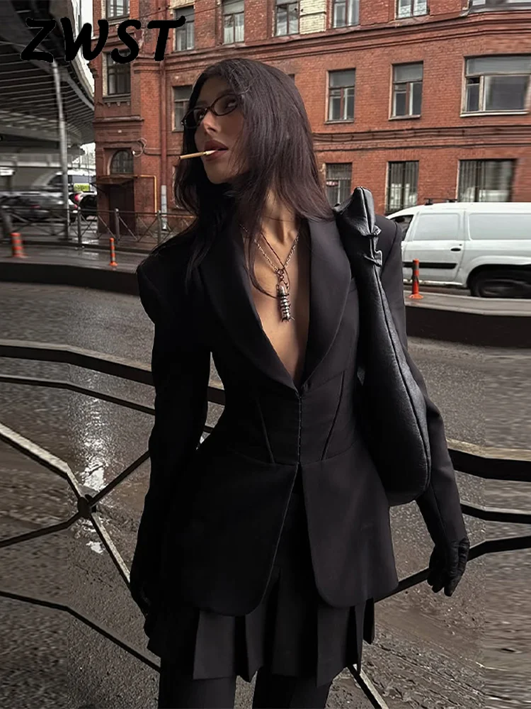 

Elegant V-neck Blazer Women Solid Waist-cinched Single Breasted Pocket Suit Jacket Female Chic Spring Lady Streetwear 2026
