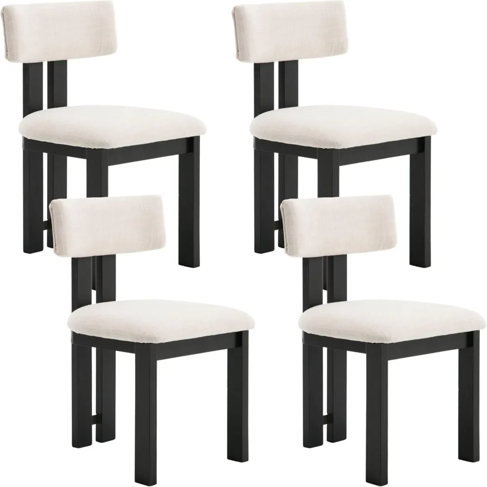 Juego de 4 sillas de comedor de madera de lino, sillas de cocina modernas para comedor de granja con respaldo curvo, patas de madera negras, sin brazos D