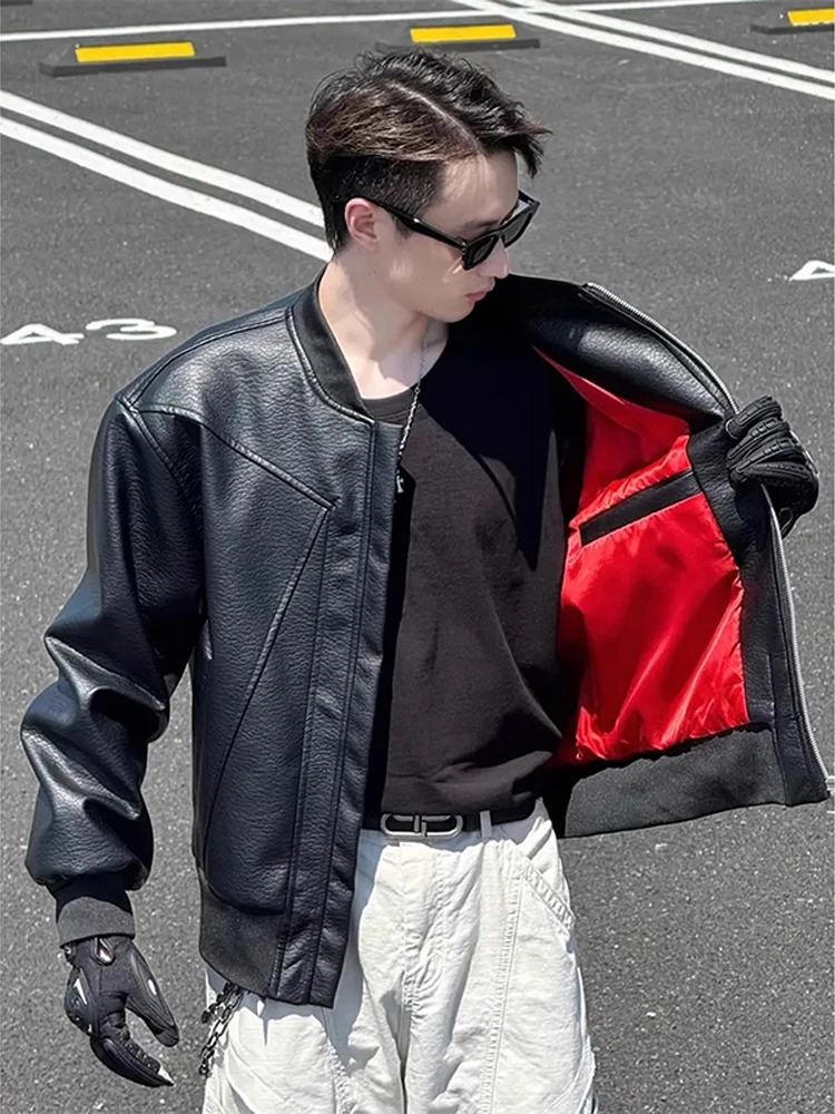 

Cleanfit High Street Red Inner ort Байкерский джет, мужское осеннее сезонное лоскутное мотоциклетное кожаное пальто, молодежное модное Sle