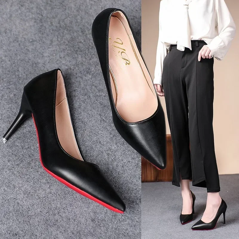 Sexy Fashion Women's Soft Leather Pumps Spring New Thin High Heels 2024 New Dress Shoes Ladies Stiletto Black Big Size