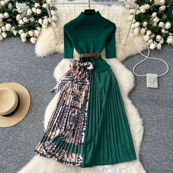 Elegant Half High Collar Vintage Half Sleeves Chic Knit Sashes Print Slim Pleated Dress French Women High Street Winter Clothing