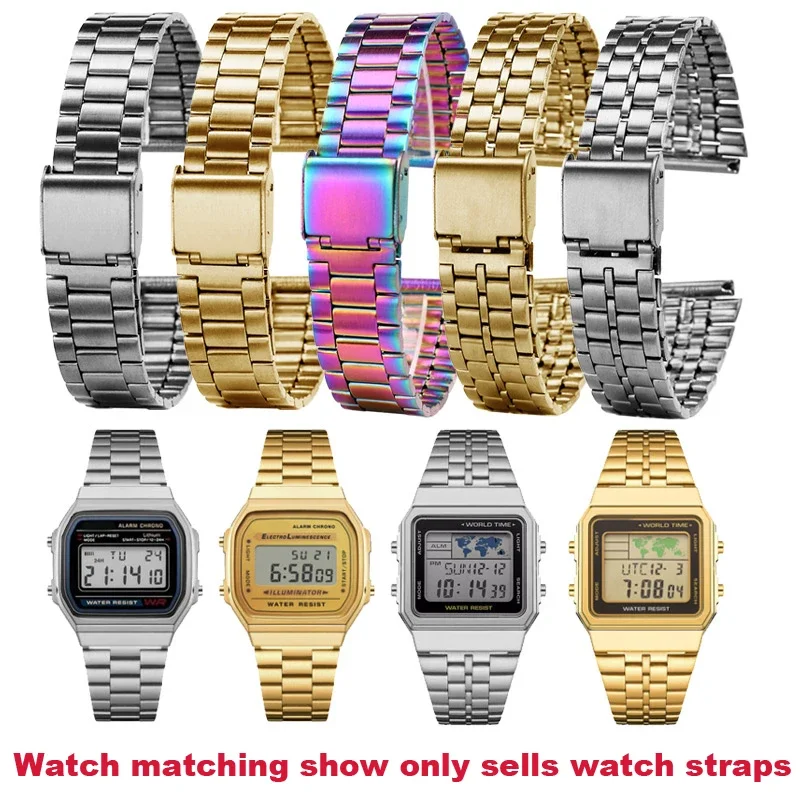 

Stainless steel watch accessories for Casio A168 A158W AQ-230 LA-680 small gold watch with small square fine steel chain 18mm