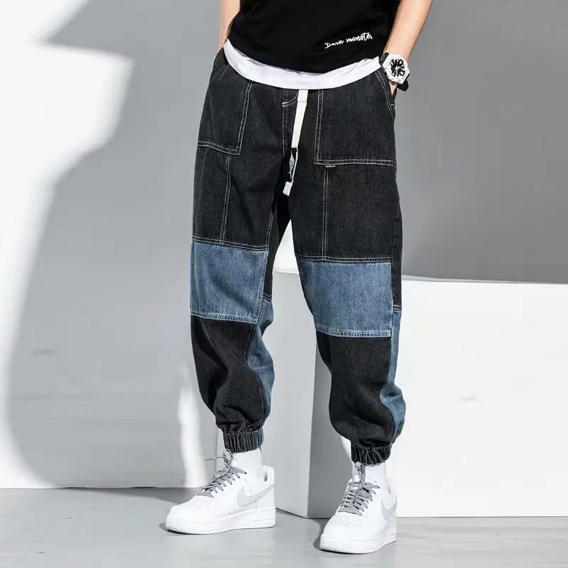 Pop Style Men Tooling Jeans Retro Patchwork Water Wash Casual Pants Size S-5XL Male Loose Harem Trousers