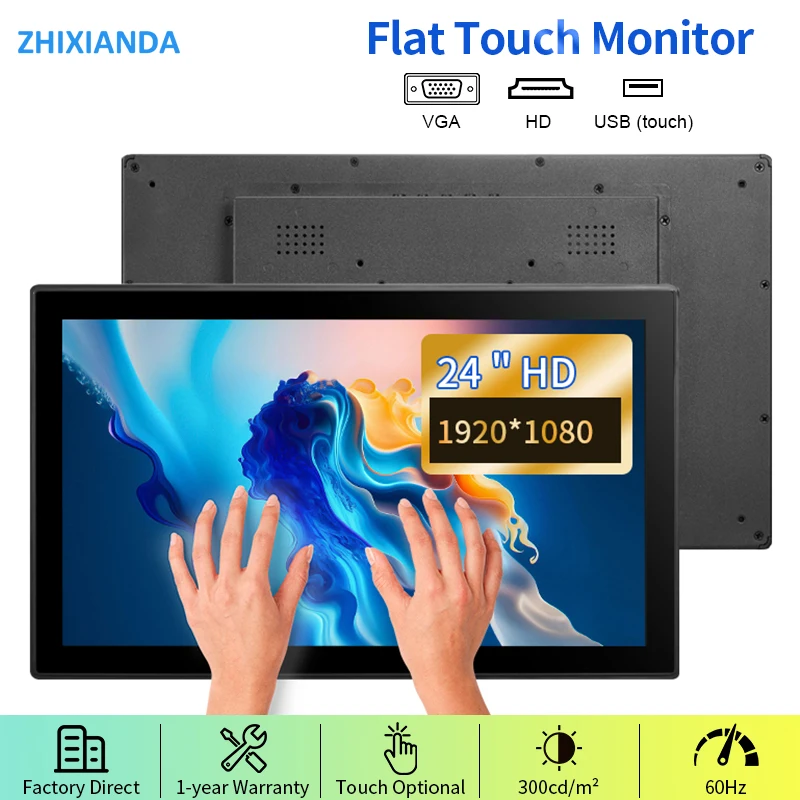 23.8/24 Inch 1920*1080 PCAP Flat Pure 10 Points Waterproof Industrial Capacitive Touch Screen Open Frame Monitor With VGA HDMI