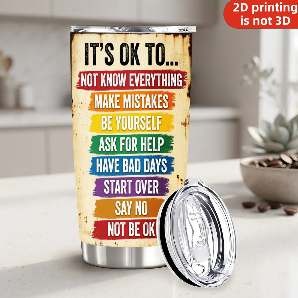 20oz It's OK To Not Be OK Mental Health Printed Stainless Steel Tumbler with Lid and Straw, Inspirational Rainbow Quote Retro Rust Sign Vacuum Insulated Travel Coffee Mug Gifts