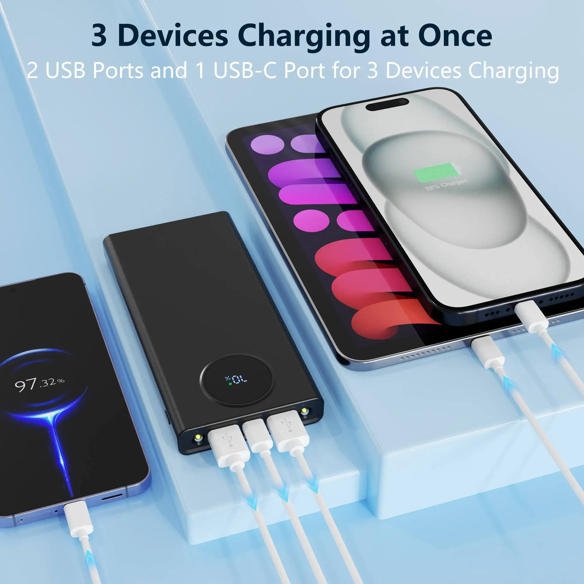 شاحن محمول 10000 مللي أمبير PD 22.5 وات، حزمة بطارية رفيعة مع 3 مخرجات ومدخلين مع شاشة LED لأجهزة USB.