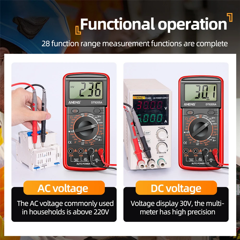 DT9205A DMM Professional Multimeter Digital hFE AC DC Voltage Current 1000V 20A Capacitance Resistance Continuity Diode Tester