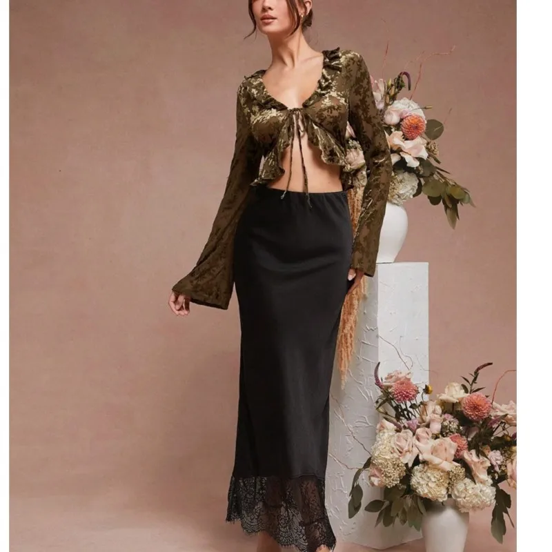 

Классическая шикарная легкая атласная юбка, черная универсальная женская рубашка с высокой талией на весну и лето, элегантная кружевная лоскутная черная рубашка, Vestidos