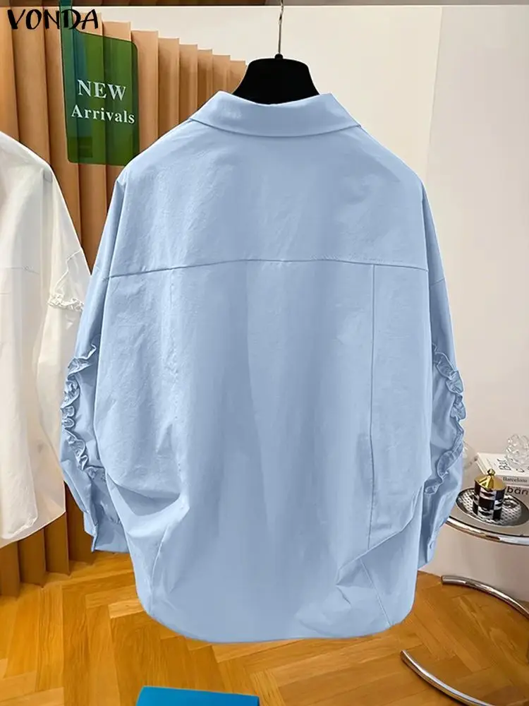 プラスサイズ 5XL VONDA レディースファッションブラウス ロングランタンスリーブシャツ 2025 秋 無地 フリル付きチュニックトップス カジュアル ルーズブラウス