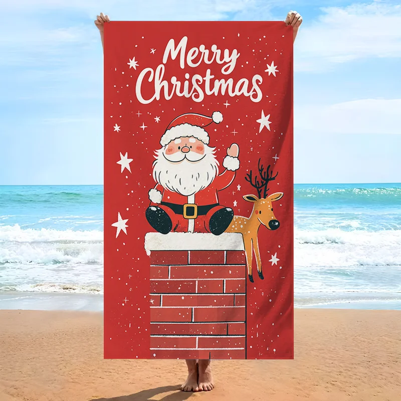 Gingerbread Man Christmas Tree Snowman Cartoon Print Beach Towel Vibrant Colors for Joyful Holiday Beach Day Celebration