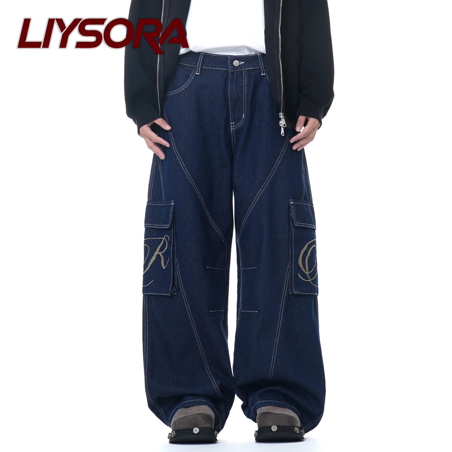 

Korea Retro Men's Baggy Ultra Machete Wide Leg Jeans Street Large Pockets Embroidered Design Workwear Unisex Denim Pants Jeans