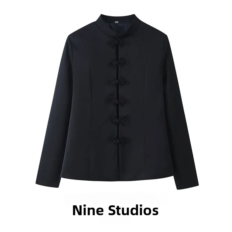

Elegant Black Button-Up Shirt Loose Suit Jacket Chinese National Style Fashionable Women's Spring Polyester Fiber Stand Collar