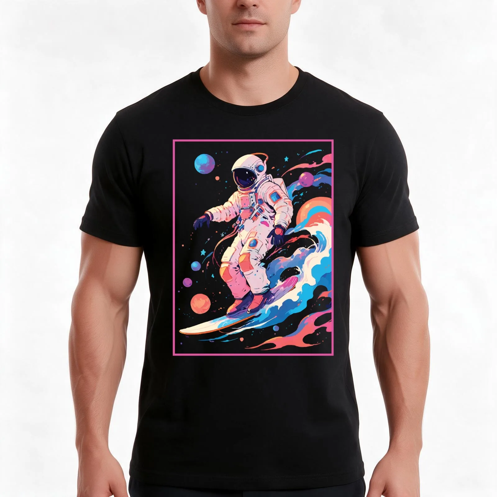 Astronaut Surfing in Space T-Shirt, Summer Casual Cotton Tee, Oversized Streetwear Tops, Vintage Graphic Print, Unisex Men Women