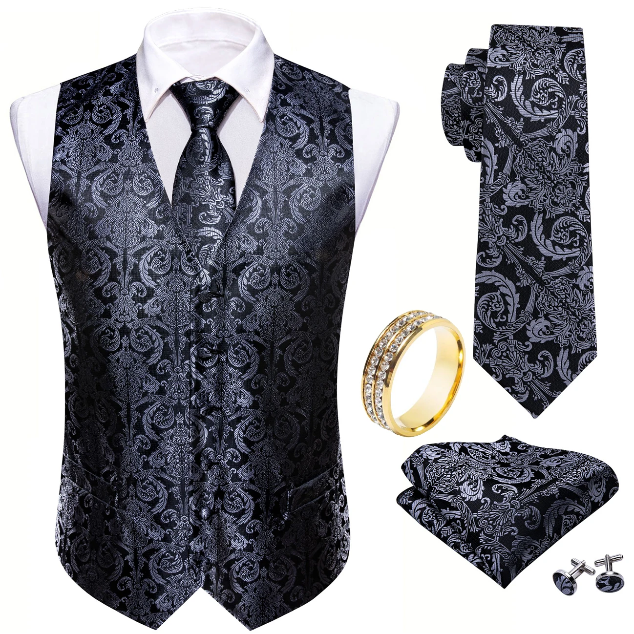 Black Silver Vintage Pattern V-Neck Vest Matching Set Tie Pocket Square Cufflinks Ring For Business Annual Ceremony