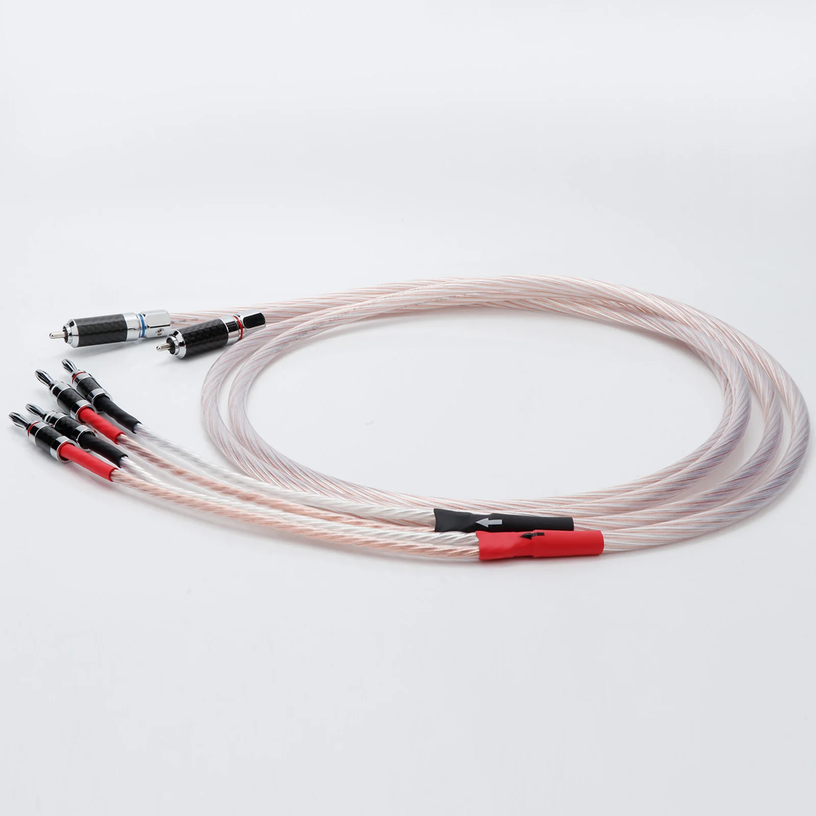 Pair HIFI OCC Silver Plated Speaker Cable 2 Banana to RCA Biwire Loudspeaker Cable Rhodium Banana Plug with Carbon Fibre